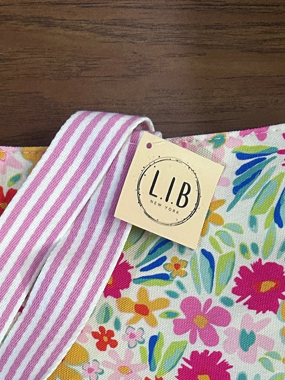 Pink Floral Canvas Tote Bag with Striped Handles